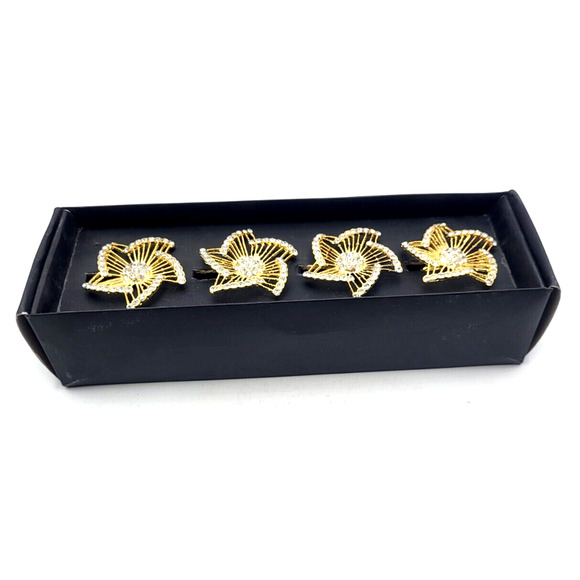 Gold Rhinestone Floral Star Napkin Rings 2" Set of 4 Classic Touch Decor NIB - Picture 2 of 12